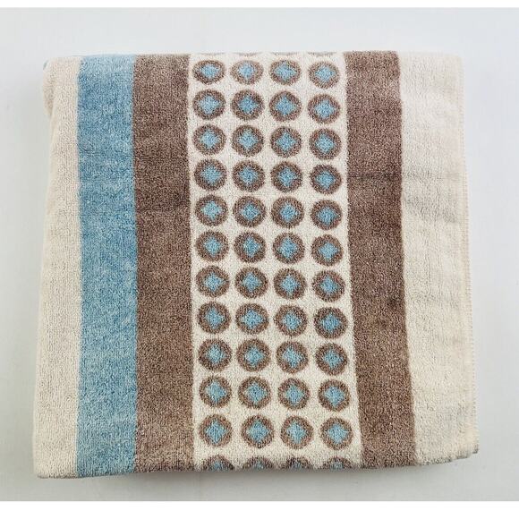 Vintage Mod 70's YSL Yves St. Laurent Geometric Bath Towel Brown Blue Dots Utica - Picture 1 of 15